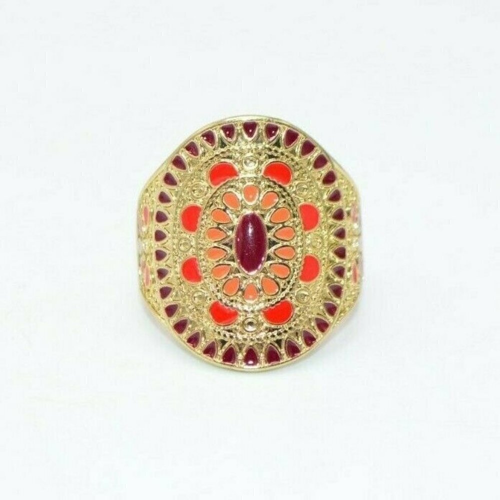 Pink Purple Enamel Flower Gold Tone Statement Ring